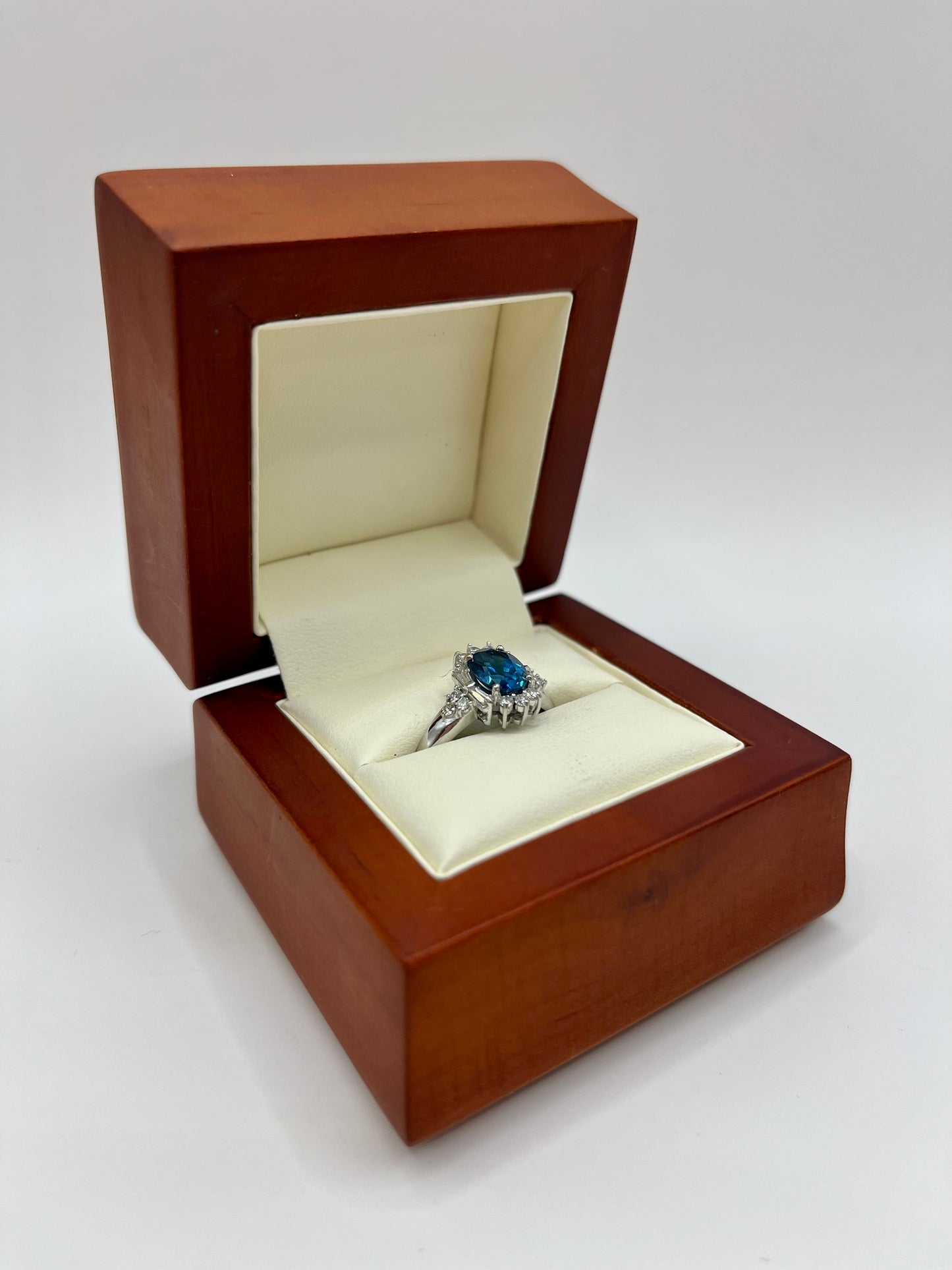 London Blue Topaz Diamond Ring in Wooden Leather Box